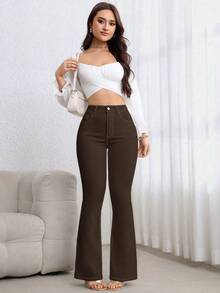SHEIN ICON 女款高腰口袋休閒百搭喇叭腿牛仔褲 - 咖啡棕 - 查看 7