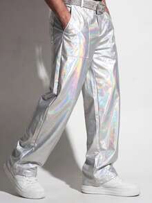 DSELFIQUE Manfinity Streetrush Men's Silver Niche Design Laser Shiny Loose Straight Leg Trousers, Y2k Reflective Harajuku Rave Disco Holographic Pants, Fall - Silver - View 3