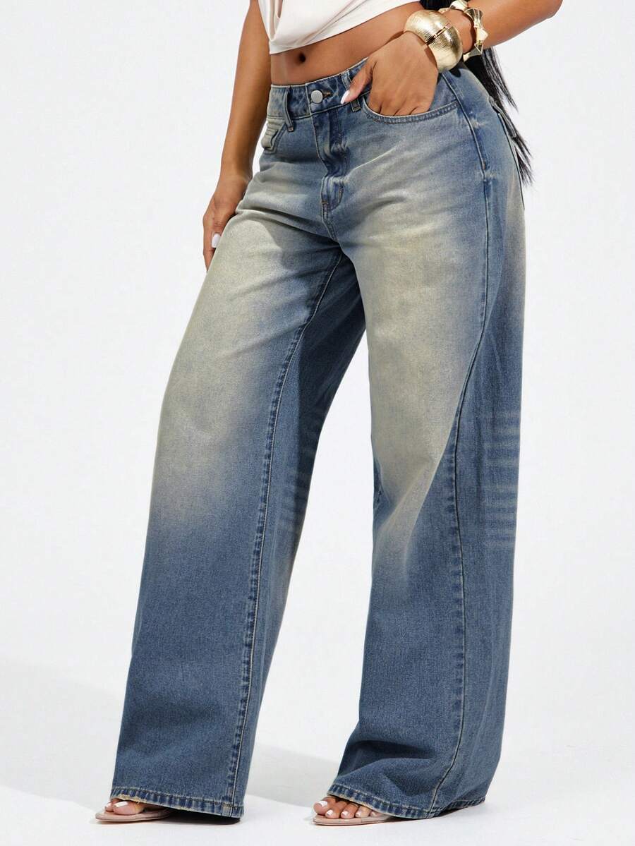 Denimoi Mid Rise Straight Leg Jeans Washed Denim Jeans Fashion Jeans Everyday Wear Flap Pocket Denim - Medium Wash - View 1
