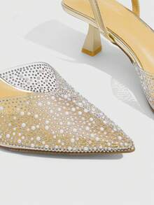 CUCCOO SZL Fashionable Women's Rhinestone Embellished Pointed Toe Pumps With Ankle Strap - Gold - View 5