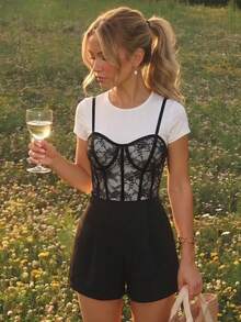 SHEIN MOD Women Flower Scoop Neck Short Sleeve Short Black Floral Sweet Elegant Y2K Romper Going Out City Break Picnic Vacation Back To School Halloween Summer - Black and White - View 7