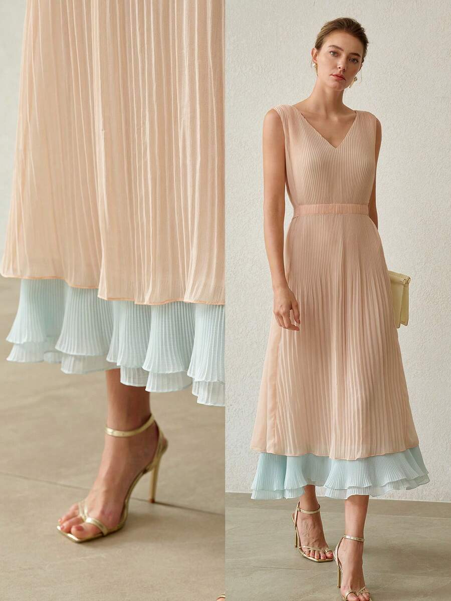MOTF PREMIUM SPRING/SUMMER ELEGANT GRADIENT DUAL-TONE PLEATED DRESS