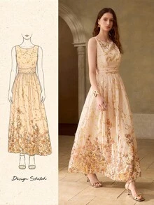 MOTF PREMIUM ELEGANT INTELLECTUAL FOIL FLORAL PRINT WAIST-CINCHED SLEEVELESS DRESS, HIGH-END FEEL, SUITABLE FOR SPRING/SUMMER EVENING GALA VACATION BEIGE - Apricot - View 8