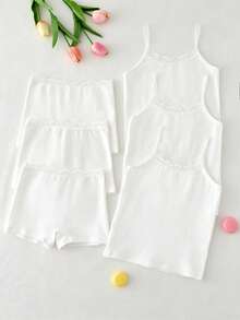 6pcs/Set Young Girl' Basic Sweet Minimalist Multi-Color Lace Trim Camisole & Boyshort Underwear Set Girl Cotton Shorts Sets 6t Summer - White - View 5