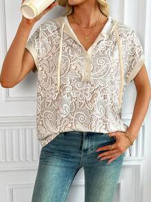 SHEIN LUNE Camiseta con capucha de verano casual para mujer con estampado de encaje falso - Albaricoque - Ver 3