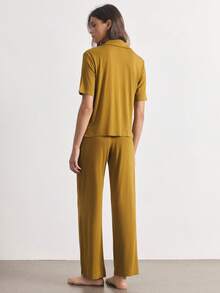 Ocili Women's Solid Color Short Sleeve Single-Breasted Top And Pants Casual Loungewear Set - Mustard Yellow - View 2