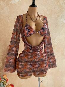 Soleia Women's 3 Pieces Sexy Tropical Bikini Swimwear With Printed Mesh Cover-Up Skirt, Bathing Suits Beach Party Vacation Brown And Turquoise Summer - Multicolor - View 7