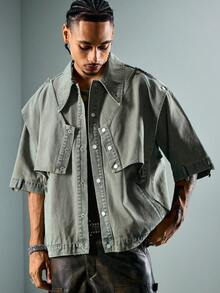 ROMWE MEN Grunge Punk Men's Summer Casual Structured Short Sleeve Denim Shirt - Blue - View 1