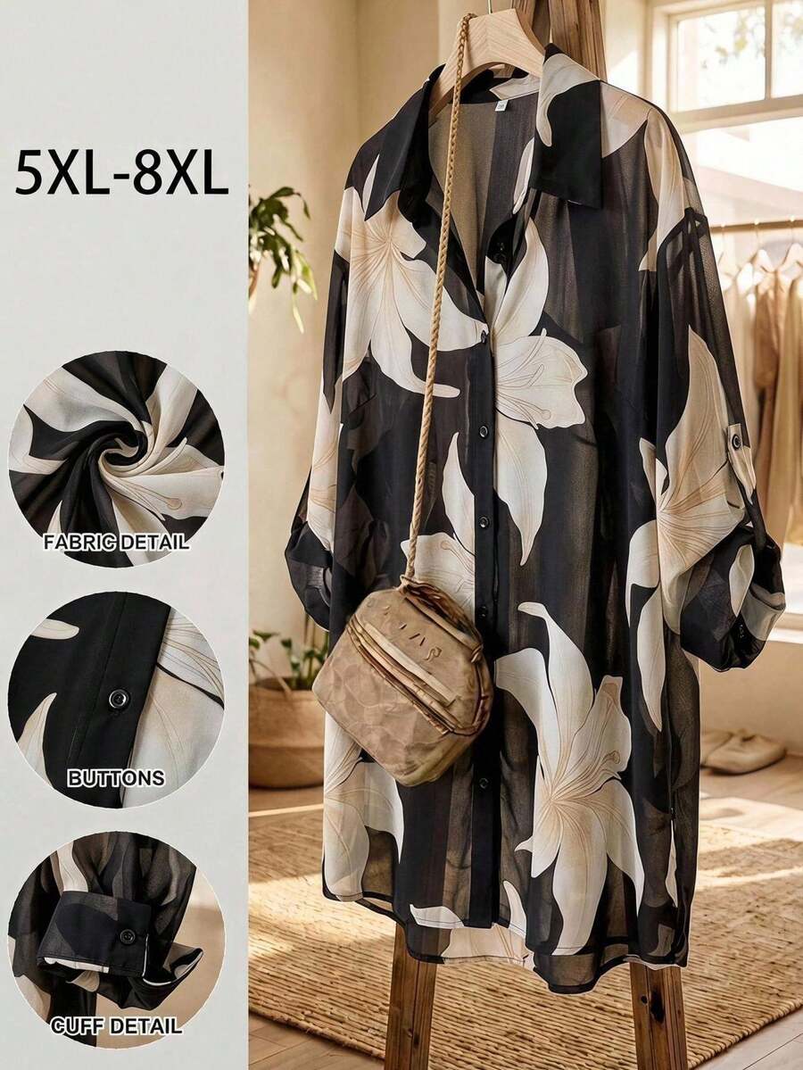 SHEIN CURVE+ 大尺碼女式襯衫,優雅休閒長袖上衣,適合工作、晚宴、度假、辦公,2026年冬季 22W - 藏蓝色 - 查看 1