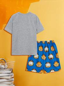 GARFIELD | SHEIN Tween男孩卡通短袖T恤和短褲睡衣套裝，夏季 - 灰色 - 查看 9