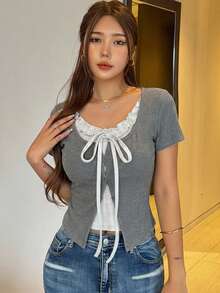 DAZY Women's Summer 2 In 1 Ruffled Bowknot Short Sleeve T-Shirt - Grey - View 12