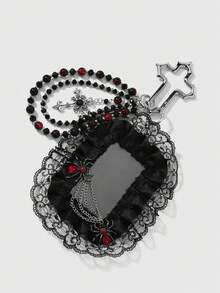 ROMWE Goth 1個Y2K哥德風黑紅配色手工串珠水晶水鑽蜘蛛愛心十字卡片不鏽鋼十字架鑰匙圈包包吊飾，女款 - 黑紅色-15 - 查看 8
