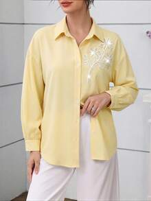 Modelyn Elegant Pastel Yellow 3D Beaded Floral Drop Shoulder Sleeve Blouse For Women Teachers' Day Office Summer - Yellow - View 6