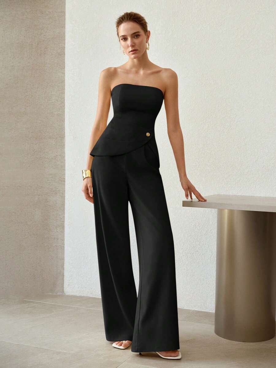 MOTF PREMIUM STRAPLESS SLIMMING EXQUISITE 2 PIECES SET WITH ROSE BUTTON DECOR, ELEGANT CASUAL COMMUTE OUTFIT - Black - View 1