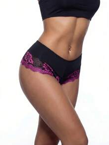 AltBold 1pc Sexy Black & Red Lace Patchwork Thong Panty - Black - View 1