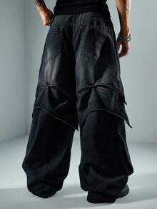 ROMWE MEN Street Life Men's Structural Asymmetric Button Pocket Loose Fit Jeans - Black - View 4
