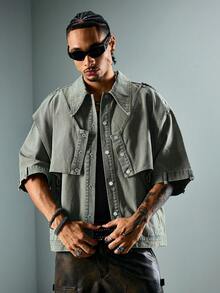ROMWE MEN Grunge Punk Men's Summer Casual Structured Short Sleeve Denim Shirt - Blue - View 5