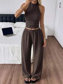 SHEIN EZwear 女款純色百褶掛脖上衣與長褲休閒日常套裝 - 巧克力棕 - 查看 5