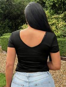 Dazy Plus Solid Color Elastic Fitted Black Cropped Camisole Tank Top, Spring/Summer - Black - View 6