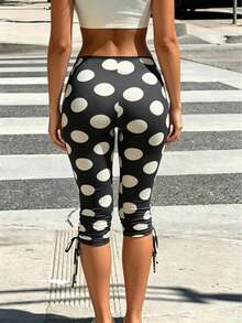 Cévolie Women's New Spring/Summer Base Layer Sexy Low Waist Black Polka Dot Print Capri Length Pants, American Casual Elastic Fabric, Sweet Spicy Gathered Hem - Blue - View 4
