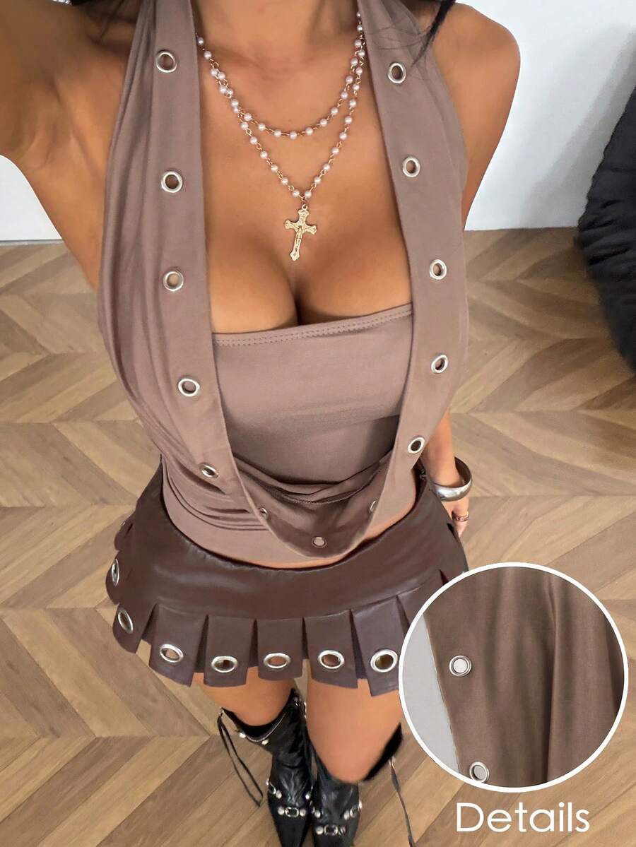 Coolane 女款棕色夏季掛脖無袖背心,Y2K 時尚金屬孔眼彈性修身派對龐克街頭風中性夜店電音穿搭上衣 - 咖啡棕 - 查看 1