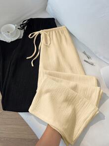 SHEIN Unity 夏季新款經典黑白配色，極簡休閒通勤風，百搭法式時尚女款寬鬆直筒長褲 - 彩色 - 查看 5