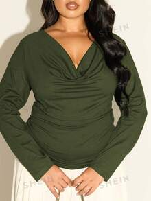 FASHION SZN Plus Size Women's Solid Color Cowl Neck Pleated Long Sleeve Versatile Top Fall - Dark Green - View 6