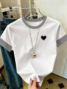 SHEIN LUNE Plus Size Solid White Black Stripe Trim Heart Print Crew Neck Short Sleeve Casual Basic T Shirt Women Summer - Multicolor - View 1