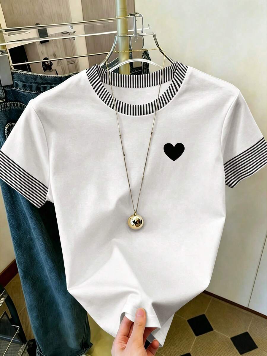SHEIN LUNE Plus Size Solid White Black Stripe Trim Heart Print Crew Neck Short Sleeve Casual Basic T Shirt Women Summer - Multicolor - View 1