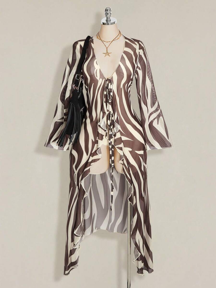 SHEIN ICON 女款大尺碼斑馬紋V領休閒百搭日常上衣 - 棕色 - 查看 1
