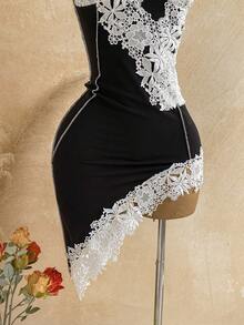 Soleia Sexy Spaghetti Strap V-Neck Lace Trim Contrast Color Fitted Asymmetrical Hem Bodycon Mini Dress For Women, Party Night Out, Date, Boho, Vacation - Black - View 7