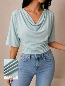 Modelyn Top de manga corta con cuello drapeado y brillo, camiseta elegante de corte corto con cintura plisada de lujo para mujer - Verde - Ver 9
