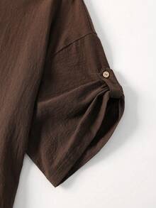 Linhara Plus Size Women's Round Neck Casual Cotton Solid Color Short Sleeve Comfortable Design Plus Size Blouse, Suitable For Daily Commute Wear, Spring/Summer - Brown - View 5