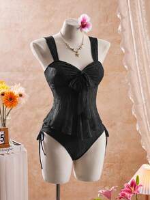 Bellisia Women's Lace Patchwork Ruched Tankini & Triangle Tankini Bottom Two-Piece Swimsuit Set, Suitable For Summer Vacation And Beach - Black - View 3