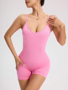 Slayform Slayform Jumpsuit Camisole & Celana Pendek Wanita Warna Polos dengan Bagian Belakang Terbuka untuk Olahraga Sehari-hari - Berwarna merah muda - View 4