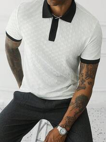 HUEFORM Men's Mature Style Rhombus Jacquard Vintage Old Money Casual Daily Commute Versatile Textured Contrast Color Collar Knit Short Sleeve Top - White - View 6