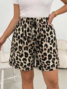 Shapeblank Plus Size Leopard Print Comfortable Casual Shorts With Pockets - Brown - View 8