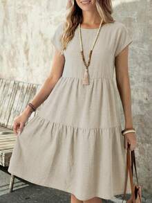 EMERY ROSE Spring/Summer Casual Everyday Outing Faux Linen Green Short Sleeve Round Neck Mid-Length Dress For Women - Silver - View 5