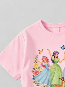 SHEIN 1套女童休閒舒適時尚可愛甜美卡通公主圖案與花卉印花短袖T恤及印花內搭褲套裝，粉紅色，適合春/夏外出、假期、學校、生日及其他場合 - 彩色 - 查看 4