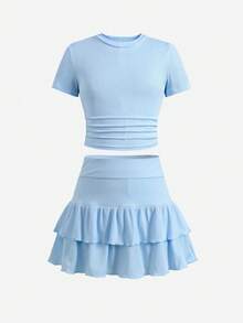SHEIN Tween女孩夏季可愛休閒灰色套裝：短袖短版上衣與百褶迷你裙，夏季 - 藍色 - 查看 3