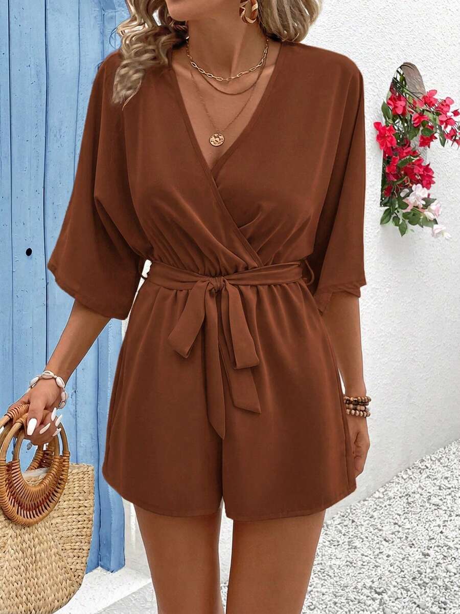 Vivid Eden Women's Summer V-Neck Criss-Cross Wrap Waist Tie-Up Textured Fabric Lace Trim Casual Vacation Romper - Brown - View 1