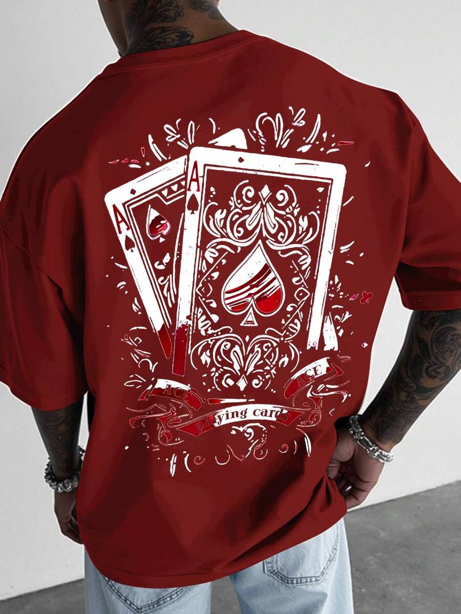 Manfinity Roughcore Men's Summer Casual Card Print T-Shirt - Red - View 1