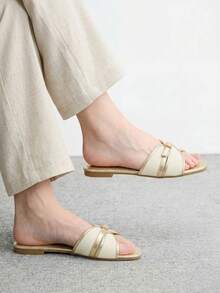 CUCCOO BIZCHIC Women's Fashion Metal Gold Buckle Color Matching Flat Sandals Spring - metallic gold - View 3