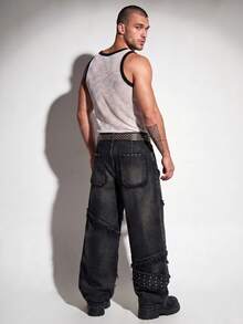 DSELFIQUE Men's Vintage Fashionable Versatile Rivet Frayed Distressed Wide Leg Loose Casual Daily Denim Jeans - Black - View 3