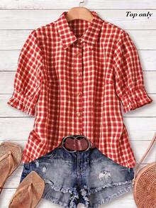 Rusticease Elegant Cute Preppy Red And White Plaid Gingham Party Picnic Blouses Women's Summer Casual Pastoral Back-To-School Printed Puff Short Sleeve Shirt - Red - View 1