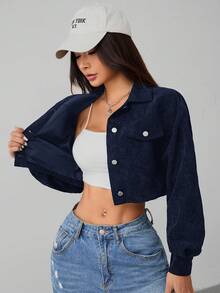 SHEIN PETITE Spring Outfits Drop Shoulder Flap Detail Crop Corduroy Black Jacket In Fall/Winter - Navy Blue - View 11