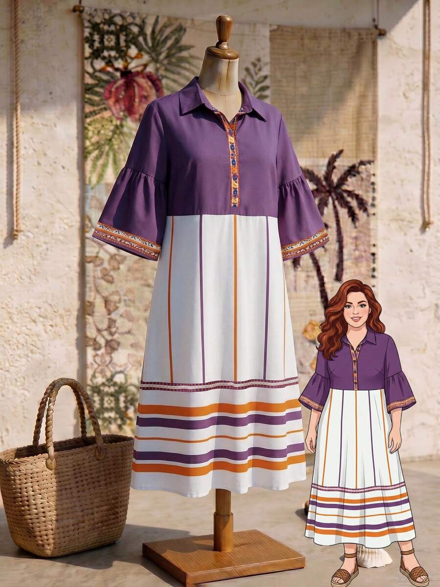 Rusticease Plus Size Women's Purple Ruffle Cuff Casual Boho Dress Vacation Autumn - Multicolor - View 1