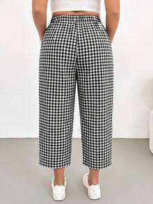SHEIN Essnce Plus Size Women's Autumn Fashion Casual 90s 80s 70's Smart Loose Comfortable Daily Back-To-School All-Match Slimming Black And White Plaid - Brown - View 3
