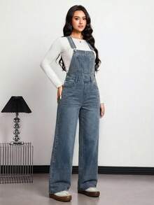 SHEIN ICON 女士纽扣装饰口袋休闲牛仔连体裤 - 藍色 - 查看 4