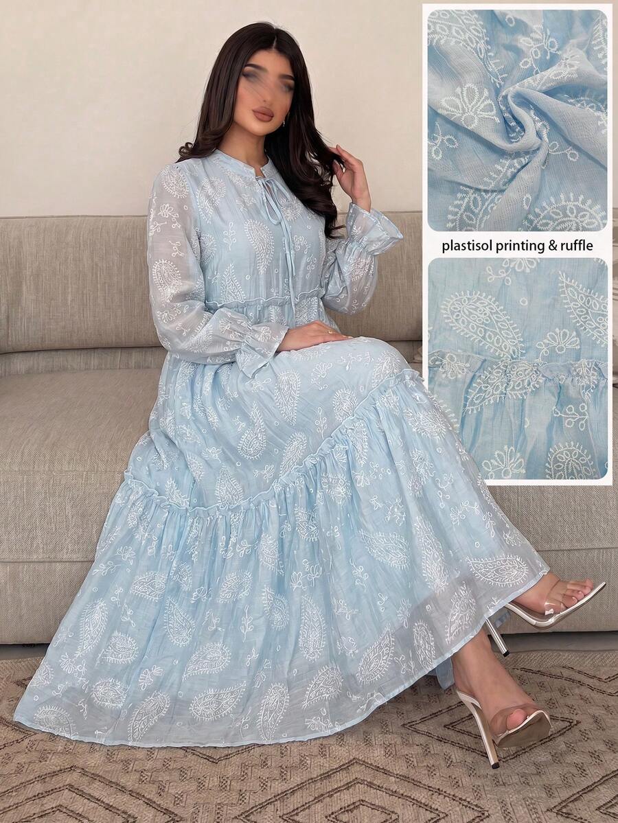 Al Najma Stand Collar Long Sleeve Embossed Jacquard Blue Color Block Dress